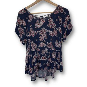 Lush | Blue Floral Short Sleeve Blouse with Laced Back | Size S
